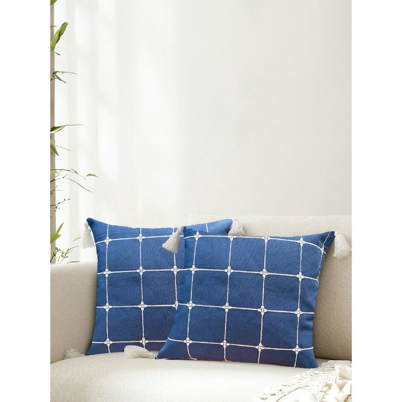 Urban Space Cotton Cushion Covers- Aura Checks Indigo (Set Of 2) (16 X 16 Inches)
