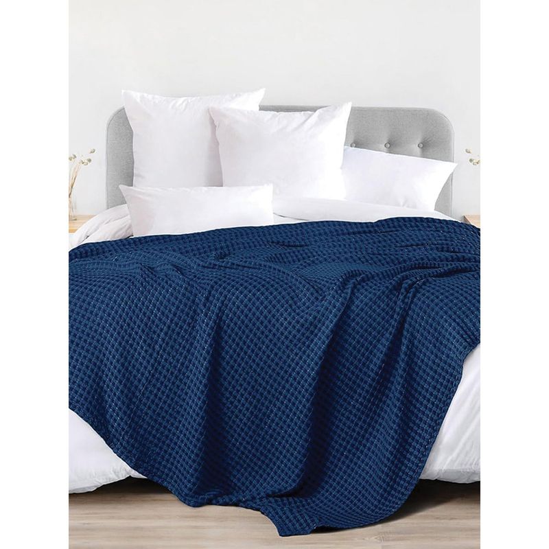 Urban Space Cotton Waffle Weave Blanket, Cotton Dohar for Bed - Navy (Queen)