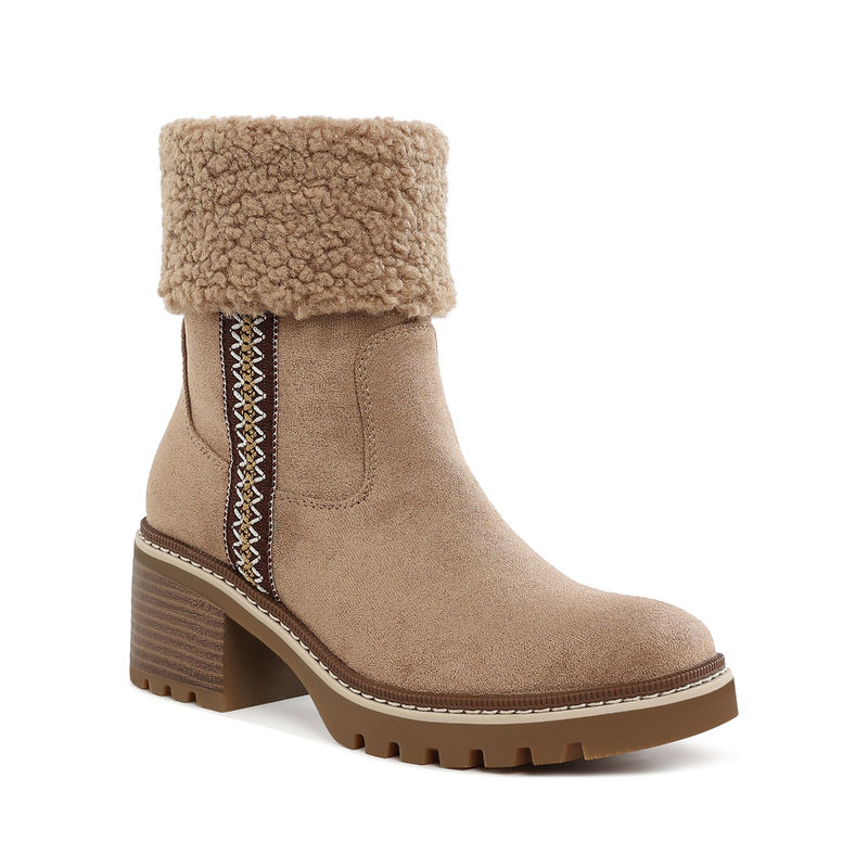 London Rag Faux Fur & Embroidery Detail Casual Boots Beige (UK 8)