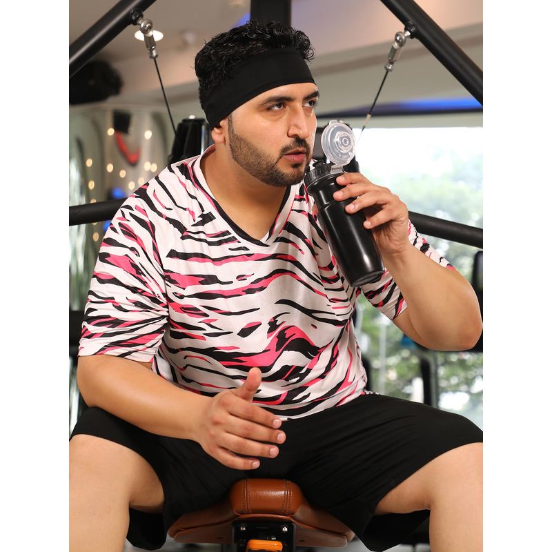 Instafab Plus Men Hot Pink and Ivory White Animal Activewear T-Shirt (3XL)