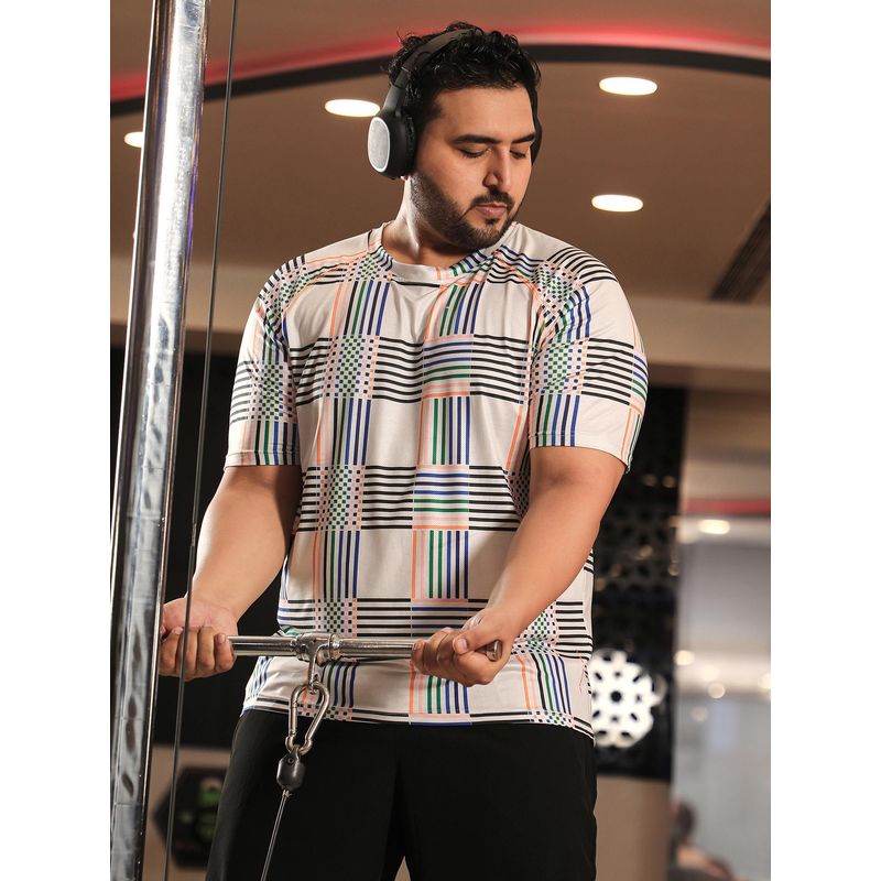 Instafab Plus Men Ivory White Lines Activewear T-Shirt (4XL)