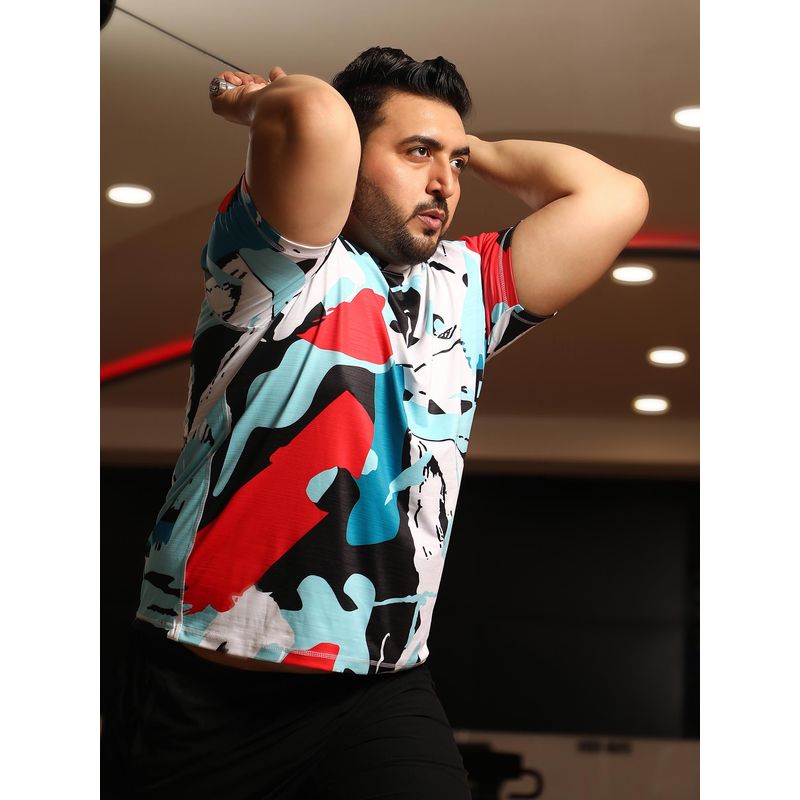 Instafab Plus Men Powder Blue and Cream White Abstract Activewear T-Shirt (3XL)