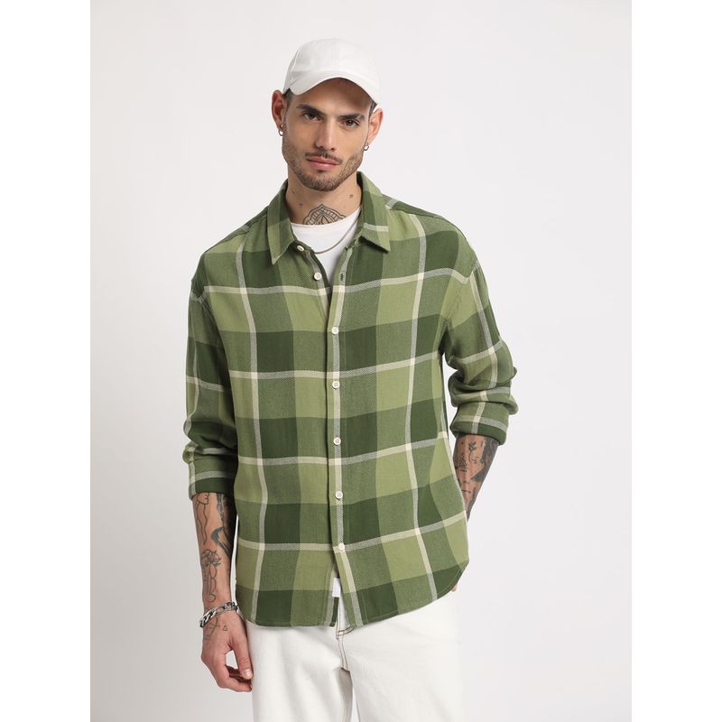 THE BEAR HOUSE Men Green Checked Regular Fit Cotton Casual Shirt (L)