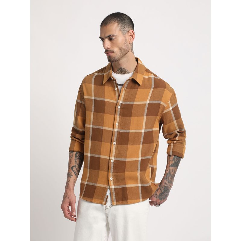 THE BEAR HOUSE Men Brown Checked Regular Fit Cotton Casual Shirt (XL)