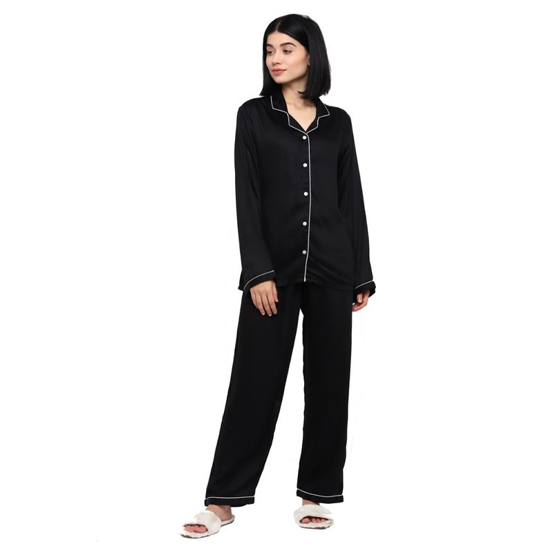 Shopbloom Ultra Soft Black Modal Satin Long Sleeve Women's Night Suit |Lounge Wear - Black (M)