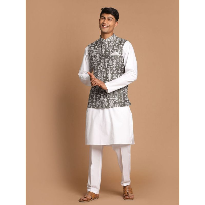Vastramay Men Grey & White Pure Cotton Jacket with Kurta and Pyjama (Set of 3) (S)