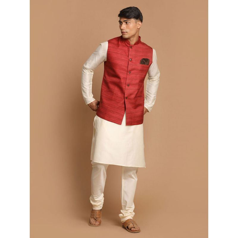 Vastramay Men Maroon & Cream Viscose Jacket with Kurta and Churidar (Set of 3) (S)