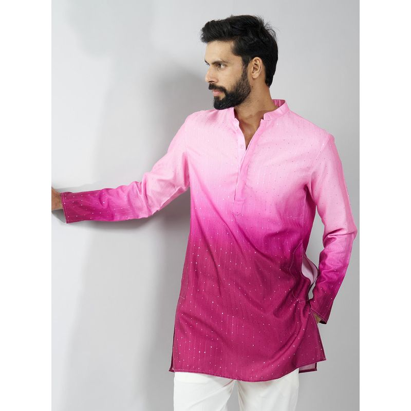 Vastramay Pink Men Falsa Silk Blend Ombre Sequin Kurta (S)