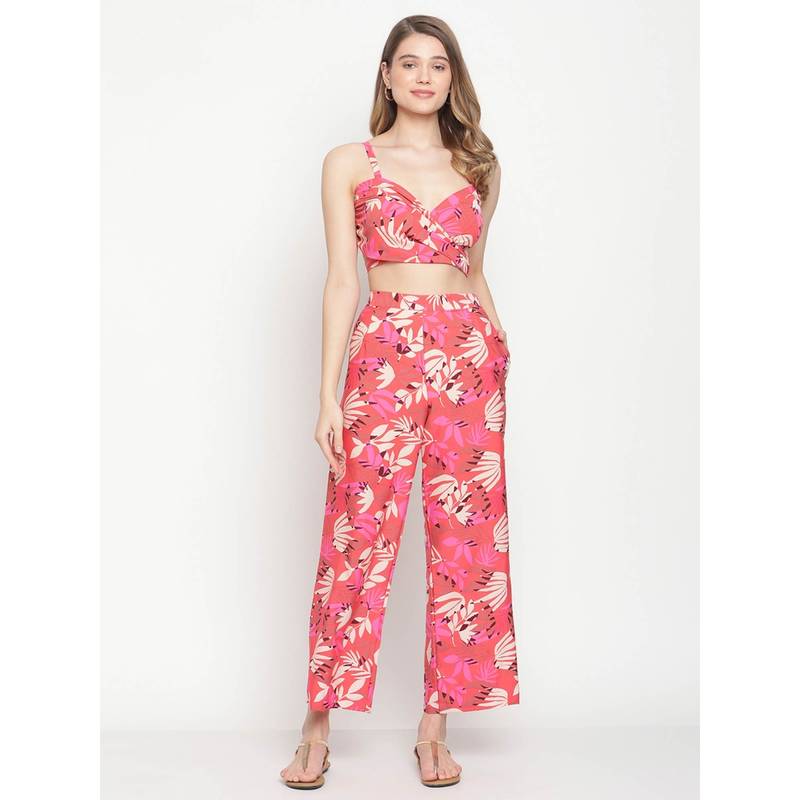 AOBA Women Pink Floral Printed Beach Wear (Set of 2) (S)