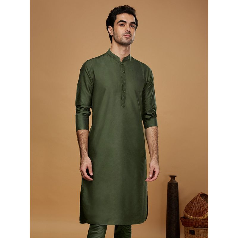 KISAH Men Green Woven Design Silk Blend Kurta (40)