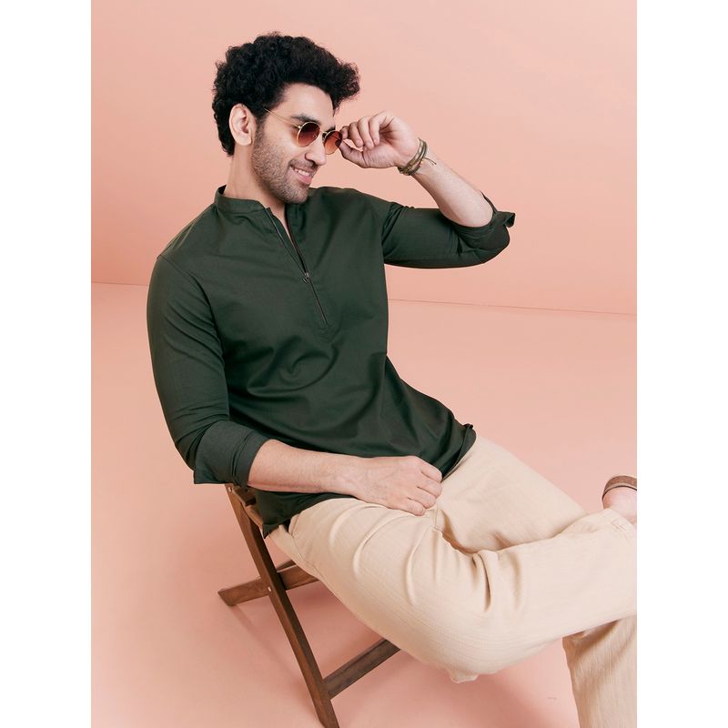 KISAH Men Olive Solid Denim Short Kurta (36)