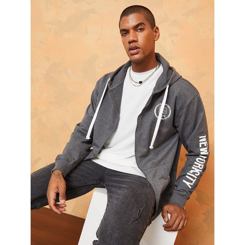 Styli Grey Sleeve Placement Print Zip Through Boxy Fit Sweatshirts (S)