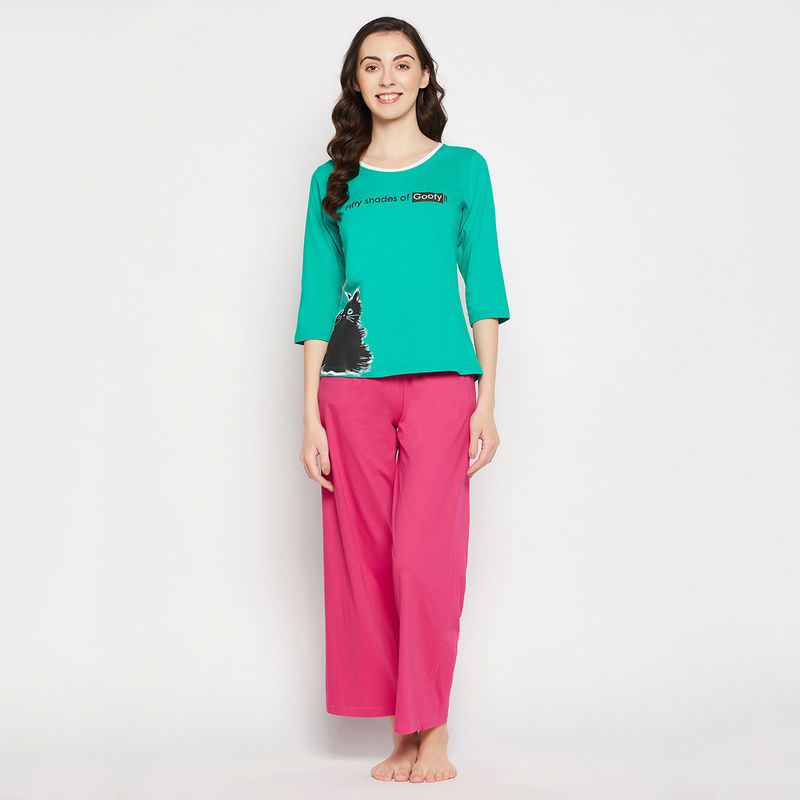 Clovia Text Print Top & Solid Flared Pyjama Set In Green - 100 Percent Cotton (3XL)