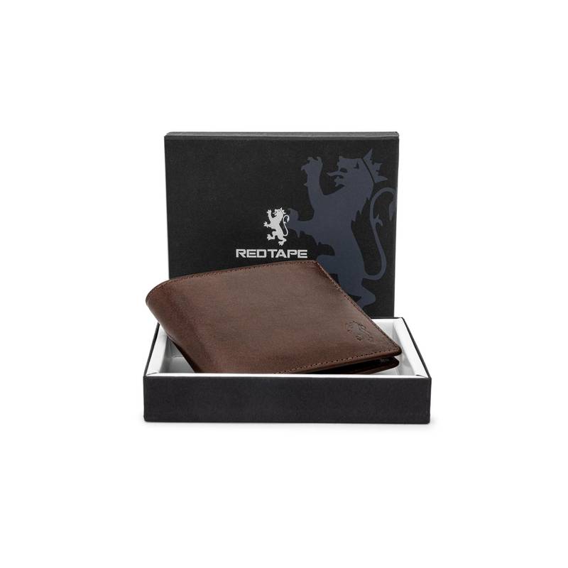Red Tape Bifold Leather Brown Wallet with Rfid Protection for Men