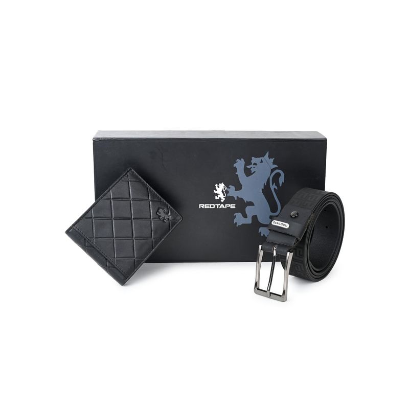 Red Tape Black Genuine Leather Wallet & Belt Combo Gift (Set of 2) (L)