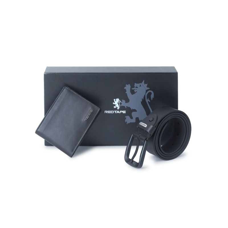 Red Tape Black Genuine Leather Wallet & Belt Combo Gift (Set of 2) (L)