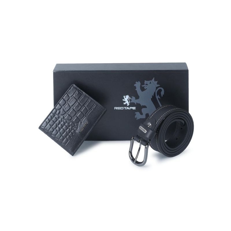 Red Tape Black Genuine Leather Wallet & Belt Combo Gift (Set of 2) (L)