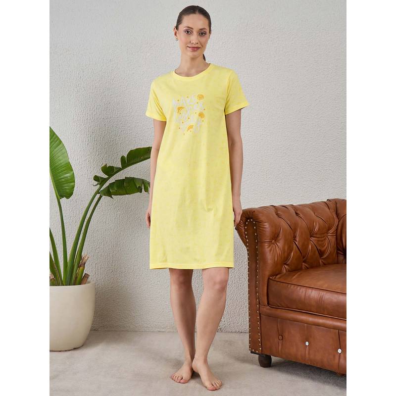 July Nightwear July for Women Knitted Cotton Yellow Short Nighty-Jss009 (S)