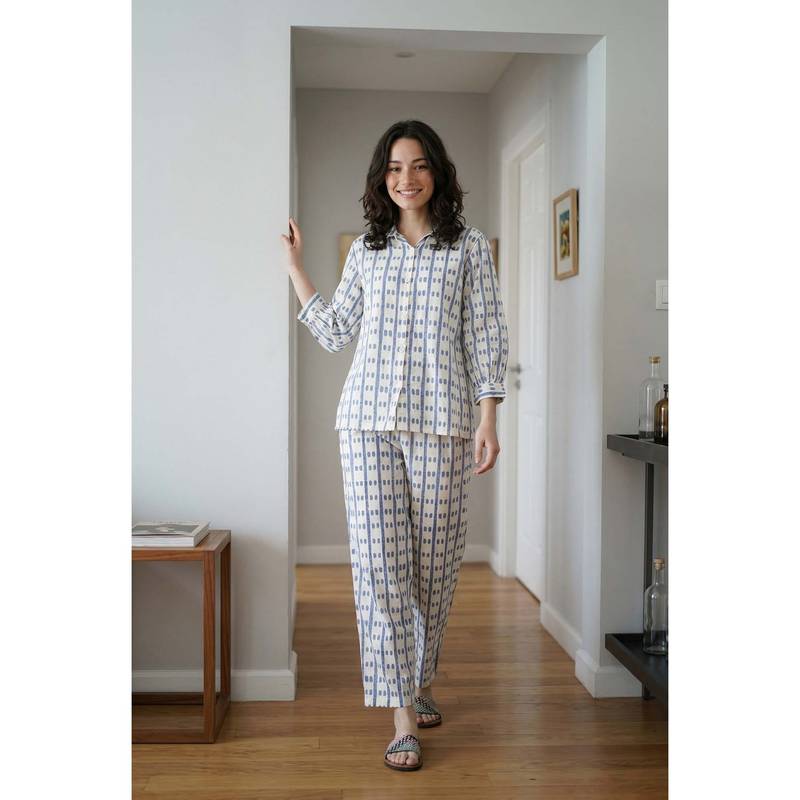 SANSKRUTIHOMES White Geometric Print Collar Neck Pure Cotton Night Suit For Women (S)