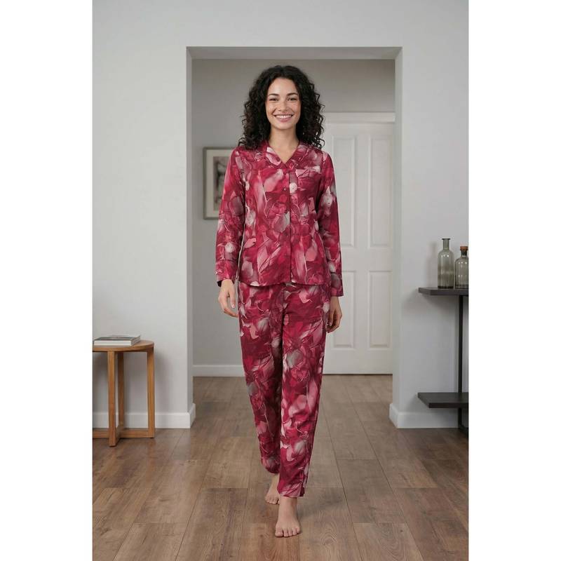 SANSKRUTIHOMES Maroon Abstract Print Collar Neck Pure Cotton Night Suit For Women (S)