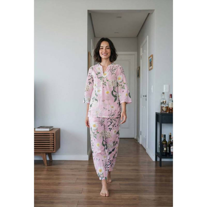 SANSKRUTIHOMES Pink Floral Print Mandarin Neck Pure Cotton Night Suit For Women (S)