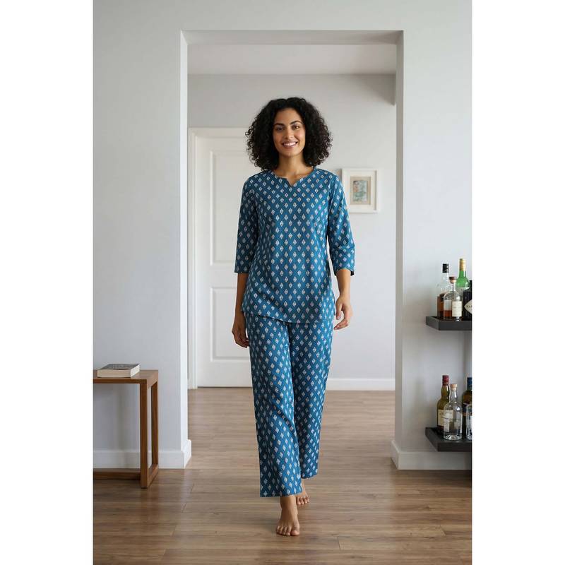 SANSKRUTIHOMES Blue Round Neck Pure Cotton Night Suit For Women (S)
