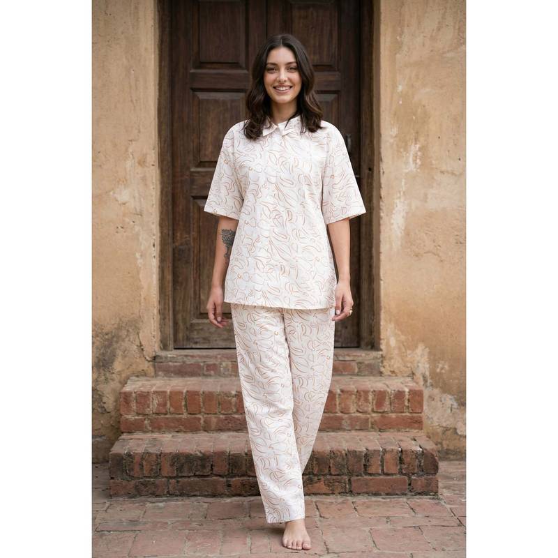 SANSKRUTIHOMES White Floral Print Collar Neck Pure Cotton Night Suit For Women (XS)