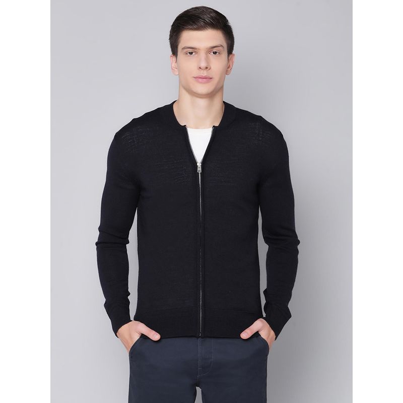 BRUUN & STENGADE Navy Blue Solid Round Neck Cardigan (L)