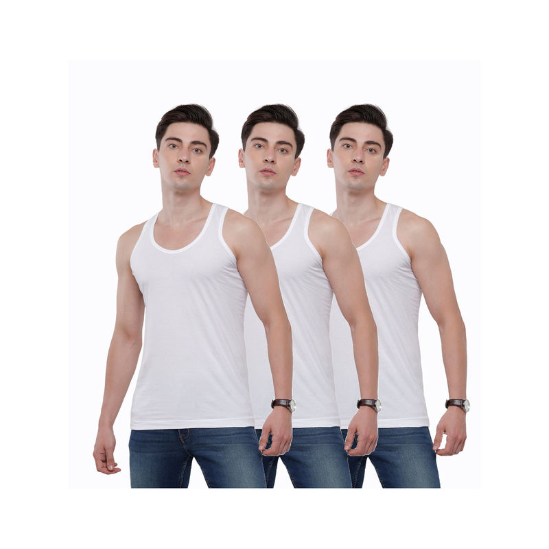 Classic Polo Men Cotton Solid Slim Fit White Color Vest (Pack of 3) (80-85 Cm)