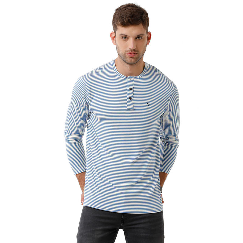 Classic Polo Mens Cotton Striped Full Sleeve Slim Fit Round Neck Blue Color T-Shirt (XL)