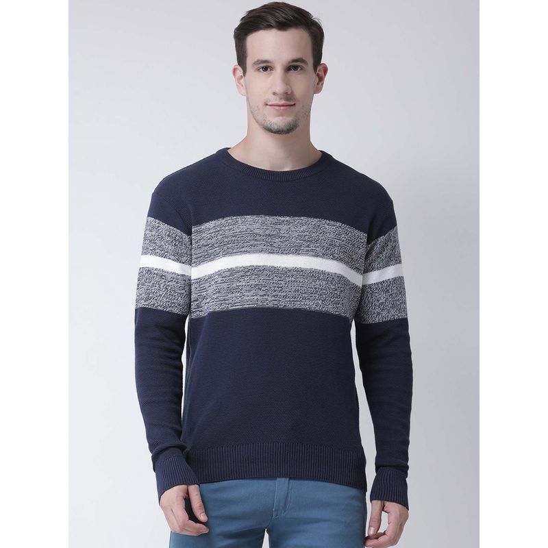 Club York Men Navy Blue Striped Pullover Sweater (M)