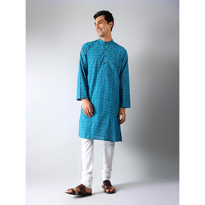 Fabindia Blue Cotton Printed Slim Fit Kurta (XS)