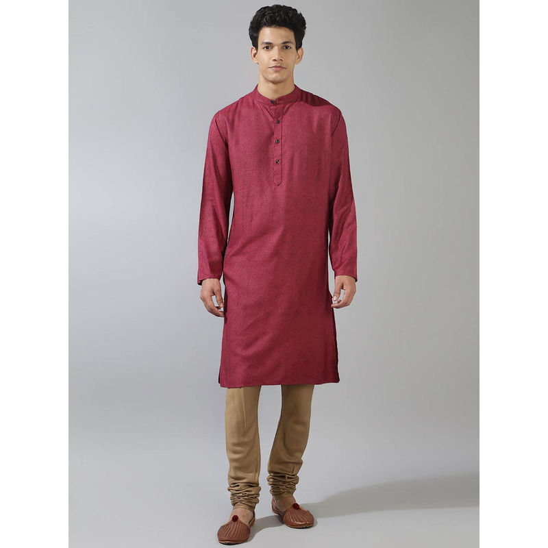 Fabindia Dark Pink Viscose Silk Printed Slim Fit Kurta (S)