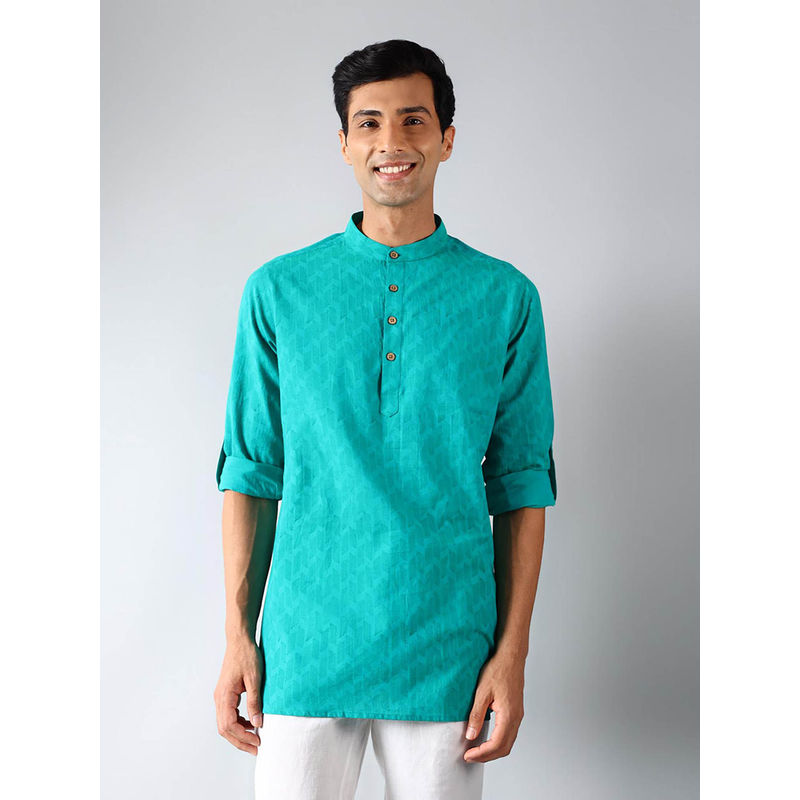 Fabindia Teal Cotton Printed Slim Fit Kurta (XS)
