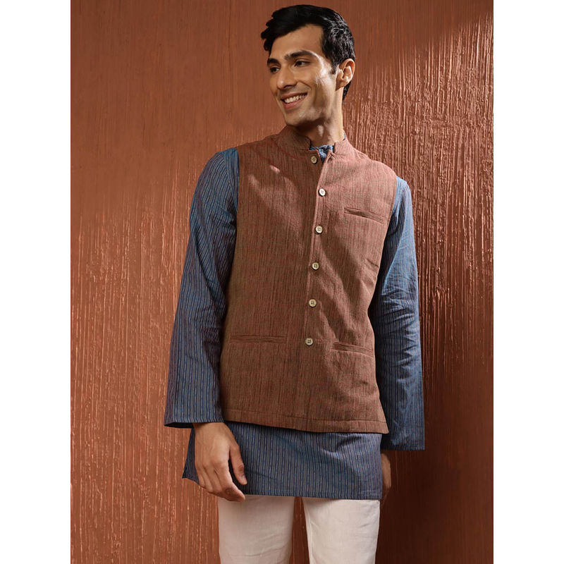 Fabindia Brown Cotton Woven Nehru Jacket (XS)