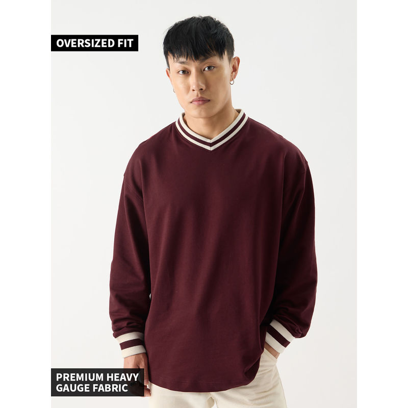 The Souled Store Originals Solids: Burgundy Men Oversized Full Sleeve T-Shirt (L)