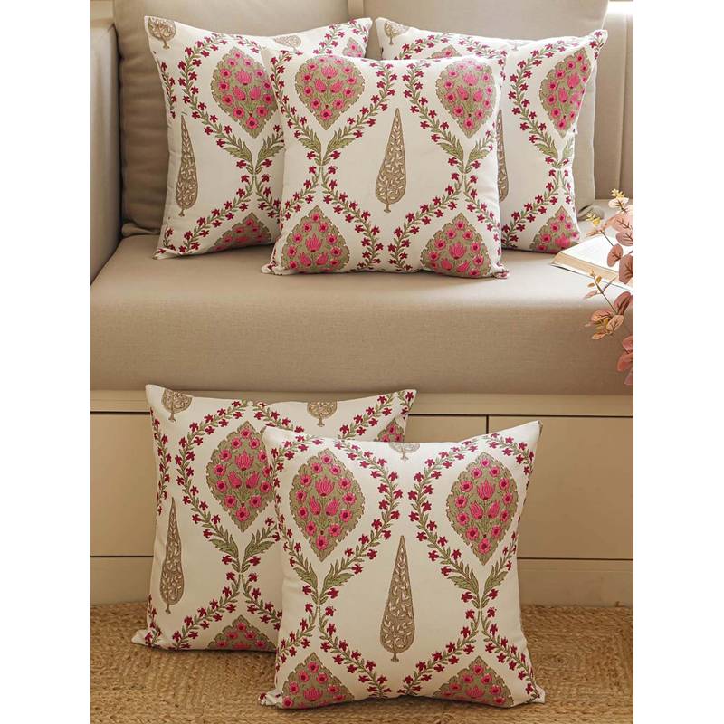 The Home Story Pink Floral Cotton Cushion Cover (22x22)