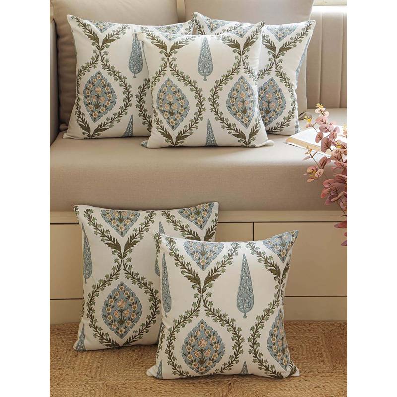 The Home Story Blue Floral Cotton Cushion Cover (12x12)