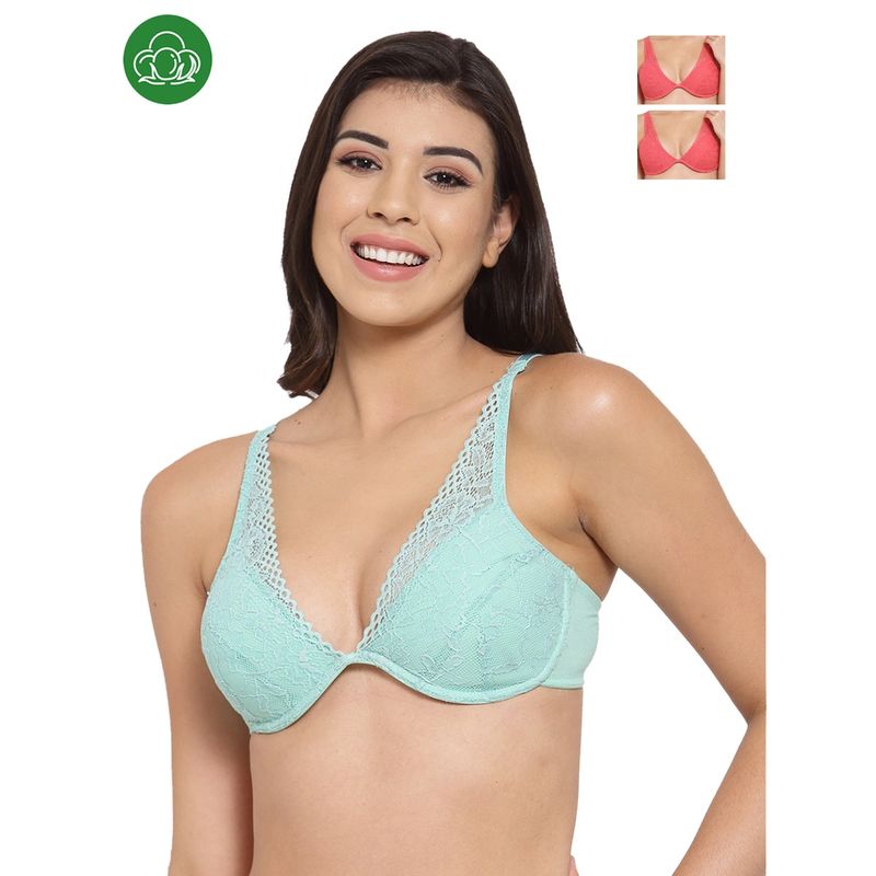 Inner Sense Organic Cotton Antimicrobal Laced Cushioned Underwired Bra-Pack Of 3-MultiColor (30B)