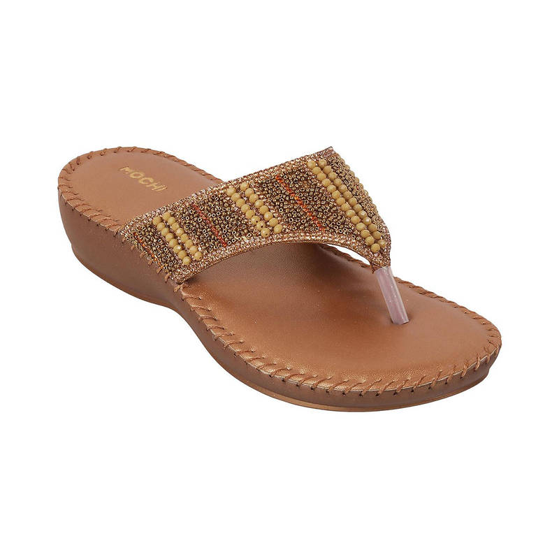 Mochi Women Synthetic Antic Gold Platform Flipflops (EURO 36)