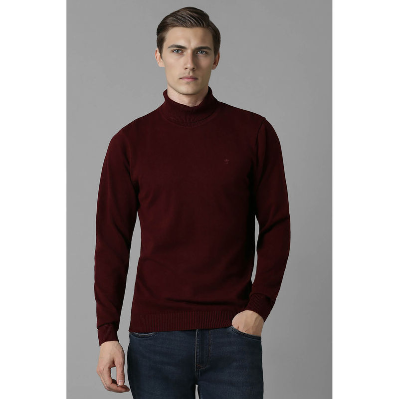 Louis Philippe Men's Maroon Solid Full Sleeves Sweater (L)