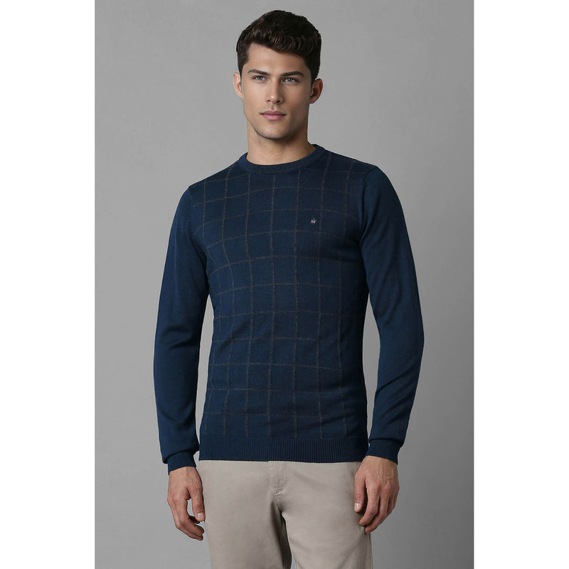 Louis Philippe Men's Navy Blue Check Full Sleeves Sweater (M)