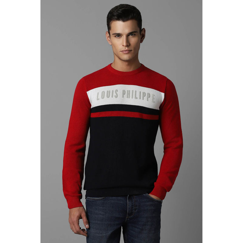 Louis Philippe Men's Red Full Sleeves Sweater (L)