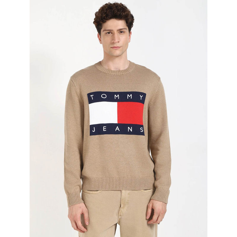 Tommy Hilfiger Brown Embroidered Logo Regular Fit Cotton Sweater (2XL)