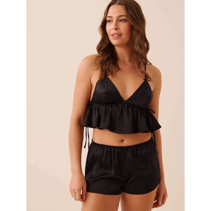 La Vie En Rose Satin Crop Top with Shorts - Black (S)
