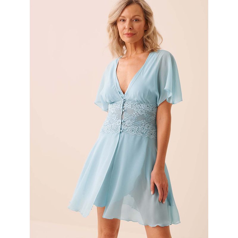 La Vie En Rose Chiffon and Lace Open Front Night Dress - Blue (M)