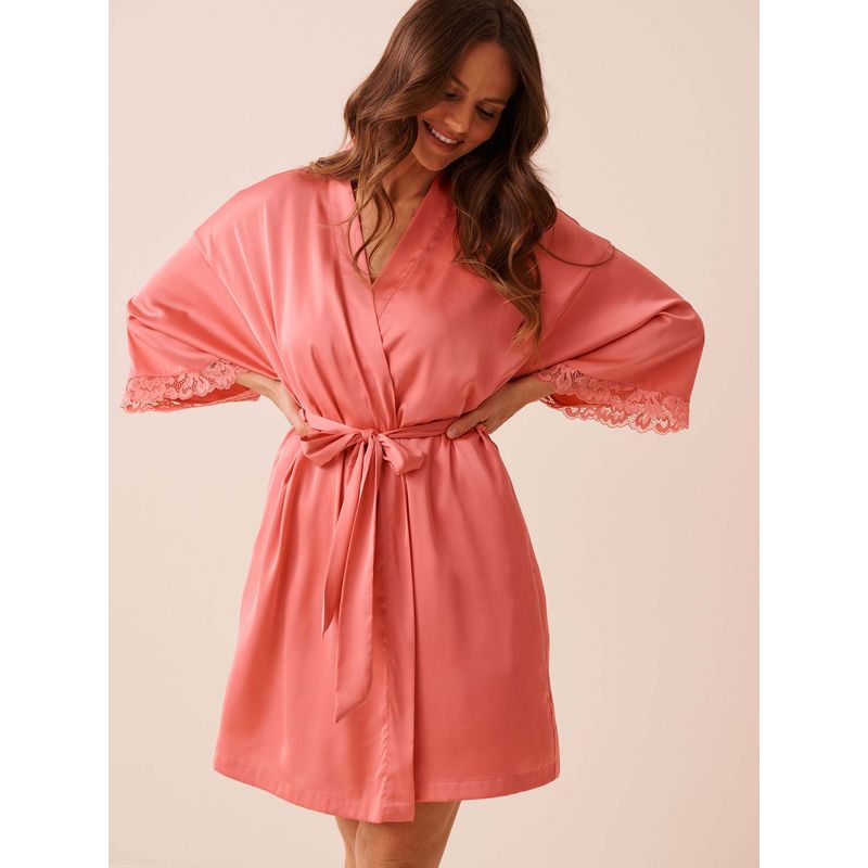 La Vie En Rose Lace Trim Satin Kimono with Cover Up (M)