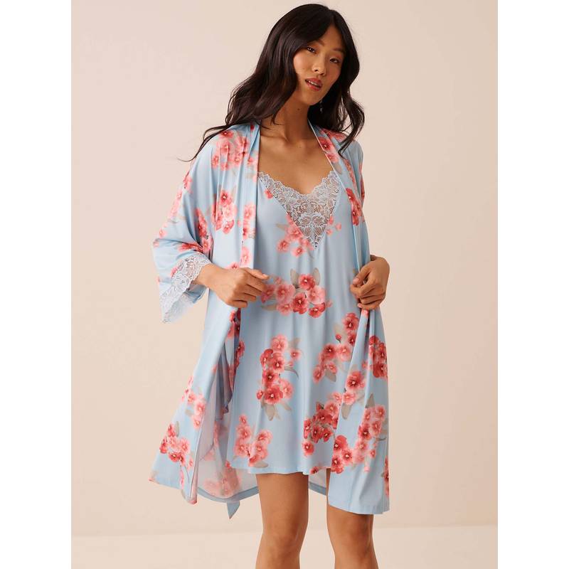 La Vie En Rose Spring Blossom Print Lace Trim Kimono with Cover Up (M)