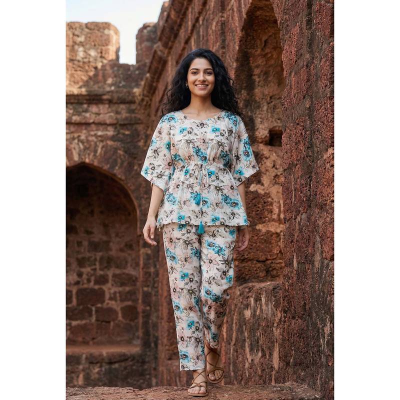 SANSKRUTIHOMES Multi-Color Round Neck Floral Print Pure Cotton Kaftan Night Suit for Women (S)