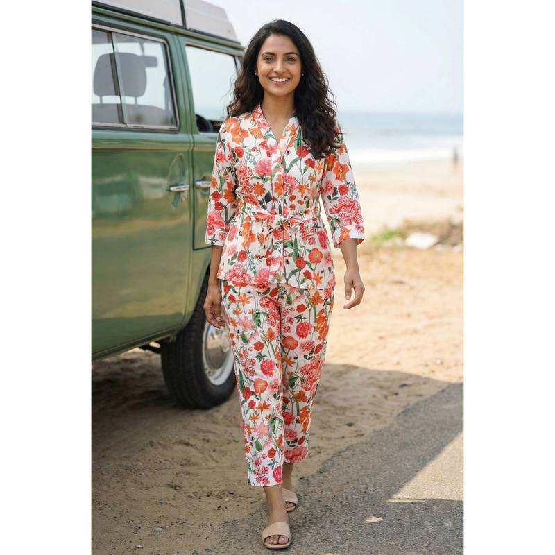 SANSKRUTIHOMES Off White V-Neck Floral Print Satin Night Suit for Women (M)